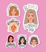 uppsättning av 8 mars kvinnodagsbokstäver och kvinnors huvuden vektor