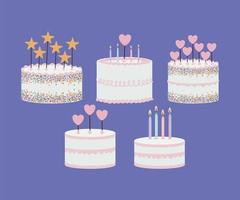 Satz Geburtstagstorten auf lila Hintergrund vektor