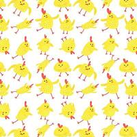 rolig kycklingar dans, sömlös mönster, bakgrund av Söt kycklingar. mönster av söt gul kycklingar, djur i annorlunda poserar. vektor