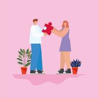 Mann und Frau mit rotem Puzzleteil und Pflanzen auf rosa Hintergrund vektor