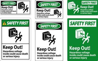 säkerhet först tecken ha kvar ut farlig Spänning inuti, skulle kunna orsak död eller allvarlig skada vektor