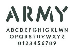 Schablone Buchstaben und Zahlen eingestellt. Sprühfarbe Schablonenvorlage, einfaches Alphabet im Militärstil. Schriftart für Nachrichten an der Wand, Armee oder Kampfspiele. Vektor-Typografie-Design.