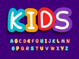 barn vektor bokstäver set. roliga kreativa ljusa alfabetet. teckensnitt för babyleksaker, födelsedag för barn, babyrum, barnzon eller annan tecknad reklam, logotyp och konst. typografi design.