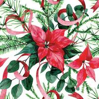 vattenfärg teckning, sömlös mönster med jul växter. röd grön skriva ut med julstjärna blommor och eukalyptus löv på vit bakgrund vektor