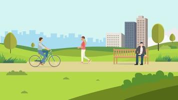 Menschen im öffentlichen Park mit Stadt background.vector illustration.nature Landschaft mit Menschen Erholung. vektor