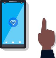 Smartphone mit Wifi-Symbol und Handvektorillustration.Technologie, die mit Telefonkonzept verbunden ist.Gerät mit menschlicher Berührungshand vektor