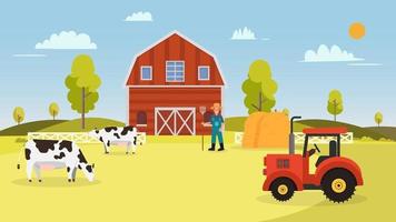 Bauernhof mit Kühen, Traktor, Scheune, Bauer und Heu.Landschaft mit Bauernhofvektorillustration.Naturbauernhof im Sommer