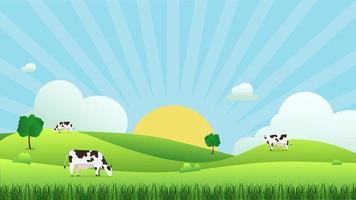 Wiesenlandschaft mit Kuh, die Gras isst, Vektorillustration grünes Feld und Himmelblau und Sonnenschein mit weißem Wolkenhintergrund schöne Naturszene mit Sonnenaufgang Kuh mit natürlicher Szene. vektor