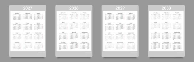 Kalender zum 2027, 2028, 2029, 2030. Woche beginnt auf Montag, Vertikale Anordnung, schwarz und Weiss, Englisch vektor