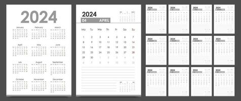 planerare 2024 år. kalender mall. vertikal orientering. de vecka börjar på måndag, engelsk. vektor