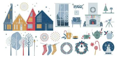 uppsättning av element för design på de tema av vinter- högtider. scandinavian hus, fyrverkeri, snötäckt träd, en öppen spis, möbel, interiör föremål, maträtter, sötsaker och Mer. över 36 element. vektor