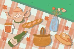 picknick baner med blomma och vas, bröd, tekanna, picknick matta, sylt och hatt i trädgård vektor