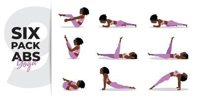 svart dam öva yoga asana för sex pack abs, uppsättning yoga asana för sex pack abs vektor