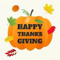 Happy Thanksgiving Day Flat Style Design Poster Vector Illustration mit großem Kürbis, Text und Herbstlaub. feiert die Feiertage