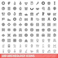 100 Archäologie-Icons gesetzt, Umrissstil vektor