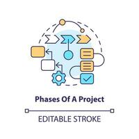 Phasen von Projekt Konzept Symbol. erstellen Struktur. Geschäft planen beinhaltet abstrakt Idee dünn Linie Illustration. isoliert Gliederung Zeichnung. editierbar Schlaganfall vektor