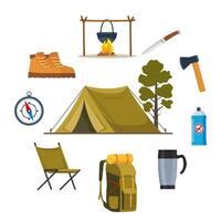 camping och vandring Utrustning uppsättning. stor samling av element eller ikoner för sporter, äventyr i natur, rekreation och turism begrepp design. vektor illustration.