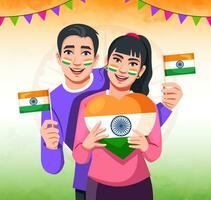 Lager Vektor von indisch Paar feiern Unabhängigkeit Tag von Indien. indisch Menschen halt Flaggen und Farbe das indisch Flagge auf ihr Gesichter - - Konzept von Freiheit, Patriotismus und Familie Verbindung.