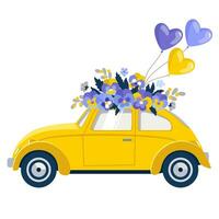 Gelb klein Auto mit Blumen auf das Dach und Luftballons Vektor. illustriert Clip Art. vektor