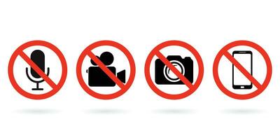 Nej video, Foto, telefon, eller ljud inspelning förbjuden ikoner. Foto, video, och telefon förbud symbol tecken uppsättning. Nej fotografering och filmning förbjuda ikon logotyp samling. vektor