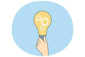 person innehav glödlampa generera kreativ företag aning. affärsperson med ljus Glödlampa spåna lösa problem. lösning och innovation. vektor illustration.