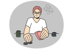 ung man spelar poker. manlig gamer engagerad i hasardspel njut av kort spel på tabell. vektor illustration.