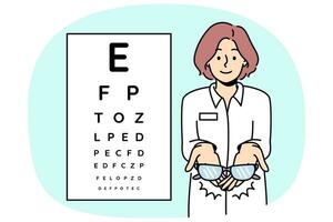 weibliche Augenärztin, die eine Brille auf dem Hintergrund-Augenprüfdiagramm hält. Sehtest in der Augenklinik. Brillenrezept. Vektor-Illustration. vektor