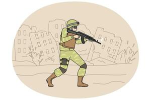 soldat i enhetlig med pistol gående förstörd stad skyddande landa. krigare på militär service på krig. serviceman på främre. vektor illustration.