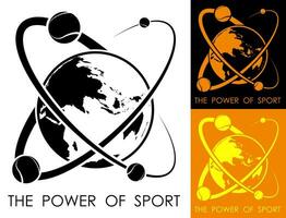 Tennis Bälle drehen um Planet Erde im bilden von Atom. Leistung und Energie von Sport. Sport Wettbewerb Emblem. Vektor