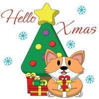 jul hälsning vykort med karaktär corgi med jul träd och gåva låda vektor