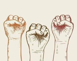 Uppfostrad näve hand. en grupp av människor av annorlunda races Uppfostrad deras nävar som symbol av enhet, protest, styrka eller seger, Framgång. de begrepp av enhet rotation, kamp, samarbete. vektor