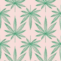 hampa blad sömlös mönster. upprepa bakgrund med cannabis växt, botanisk motiv för förpackning, textil, skriva ut, mall, kort. dekorativ prydnad boho stil hand ritade. vektor illustration