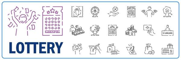 lotto tecken tunn linje ikon uppsättning inkludera av tur symbol, pengar, biljett och boll. vektor illustration av ikoner lotteri.