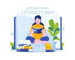 International Alphabetisierung Tag Illustration. ein Frau lesen Buch während Sitzung, ein Mädchen mit Buch. Wissen, Lernen, und Bildung Konzept vektor