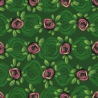 sömlös blommig mönster av rosa ro och grön löv på grön bakgrund mönster vektor
