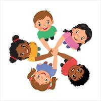 grupp av Lycklig barn sätta händer tillsammans i enhet som en team vektor