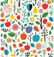 färgrik mönster med äpplen och vinstockar, subtil lekfullhet, enkel, färgrik illustrationer, kubisi konst, blinka-och-du-missar-det detalj, norska natur, lekfull och nyckfull bilder vektor