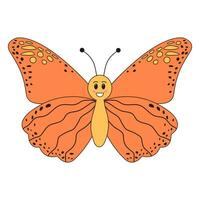groovig retro Karikatur Schmetterling Charakter. linear Farbe Vektor Illustration