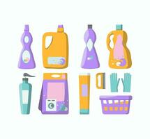 tvättning hushåll tvätt och rengöring Produkter. paket och flaskor med hushåll kemikalier. vektor grafik, bakgrund isolerat.