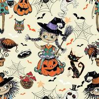 sömlös mönster på halloween tema med liten flickor häxor pumpor och olika Skräck element. vektor