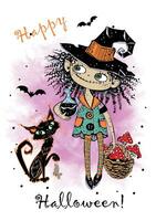 süß wenig Hexe mit ein schwarz Katze und Giftpilze. Halloween. Vektor