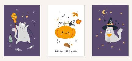 uppsättning av söt spöken och katter med pumpor. Lycklig halloween. barnslig skrämmande och leende kuslig tecken. vektor
