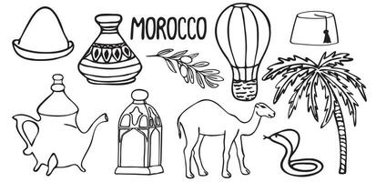 uppsättning av marocko. guide i klotter stil med Land sevärdheter kök människor krukmakeri kamel. vektor illustration. isolerat på en vit bakgrund.