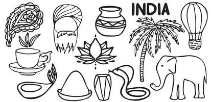 Indien klotter karaktär uppsättning. hand dragen . vektor stock illustration. traditionell symboler av indisk kultur och buddhism, nationell mat och landmärken. isolerat på en vit bakgrund.