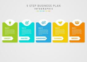 Infografik 5 Schritte Erfolg Geschäft planen mehrere Farbe Quadrate Center Beschriftung Weiß Kreis über Center Farbe Symbol Weiß akut Platz Unterseite mit Briefe grau Gradient Hintergrund vektor