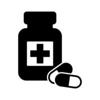 Medizin Flasche und Tabletten Symbol. schwarz und Weiß Symbol. Vektor Illustration.