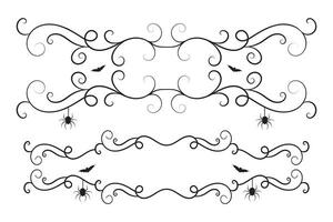 uppsättning av halloween kalligrafi victorian frodas filigran vildmark virvlar, årgång meny ornament, vinstockar spiral hörn ram, dekorativ virvla runt gräns, fladdermus vin skrolla Spindel lyx virvlar dekorativ vektor
