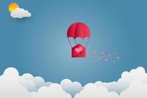 Alla hjärtans dag ballong hjärtformade flytande i himlen och vackra berg moln papper konst vektor