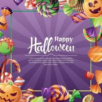 Vektor Hintergrund zum Halloween Einladung oder Gruß Karte. Urlaub Einladung Trick oder behandeln. Poster, Banner mit Kürbis Kekse, gespenstisch Süßigkeiten, Süßigkeiten, Kekse, Lutscher.