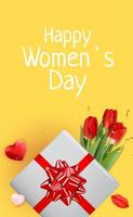 Happy Womens Day Holiday Gratulation Hintergrund mit Tulpen und Geschenkbox vektor